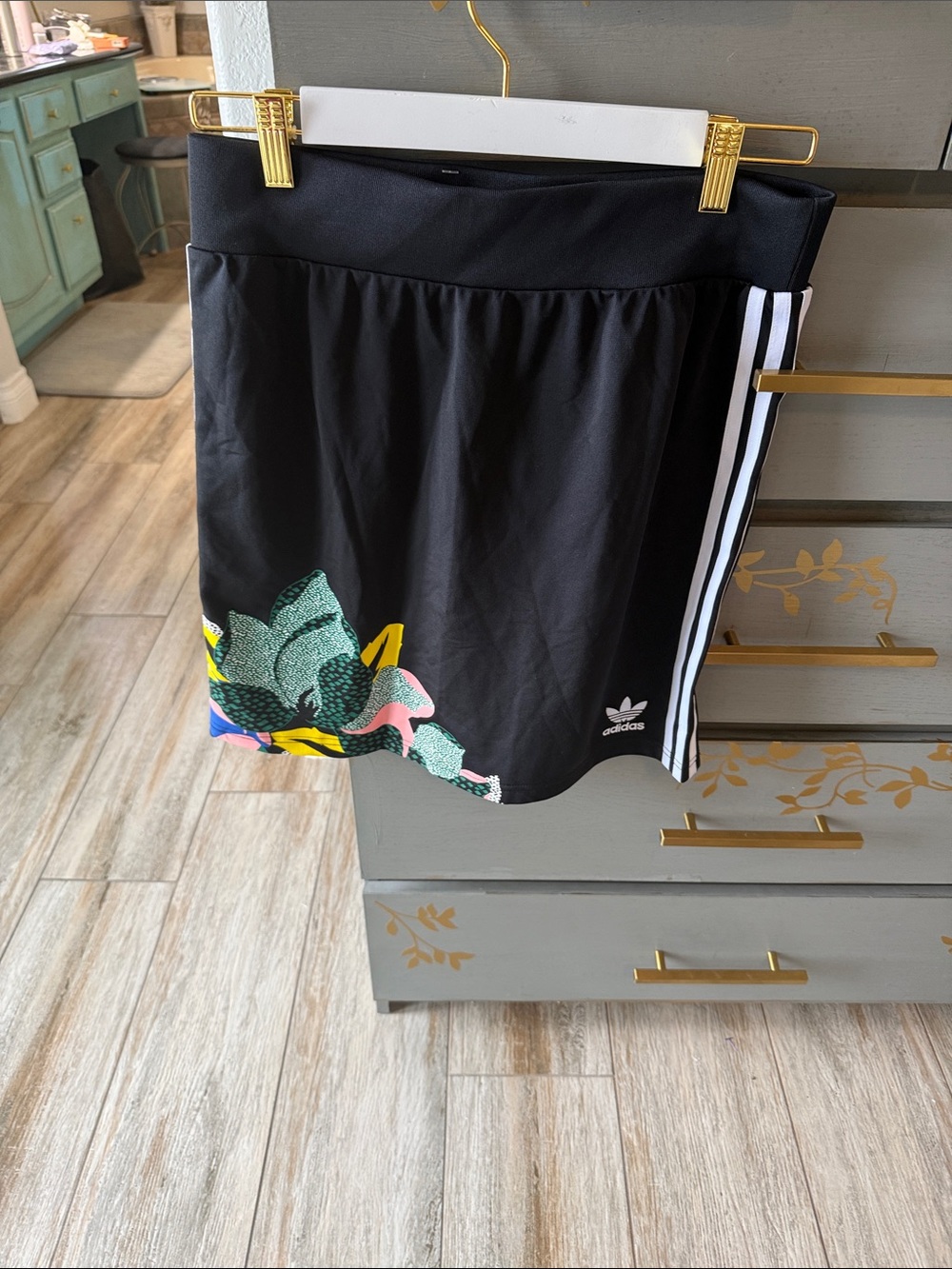 adidas Black Mini Skirt with Floral Print and White Stripes